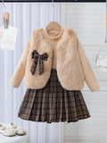 new summer cross-border fashion girls' fuzzy vest + knitted top + plaid skirt three-piece set