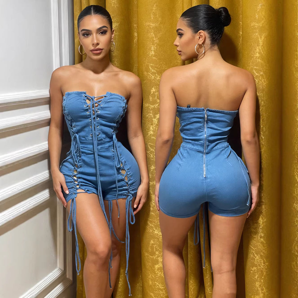 European and american style women's denim jumpsuit shorts -  cross-border women's apparel - nightclub sexy backless bandeau tie-up bodysuit
