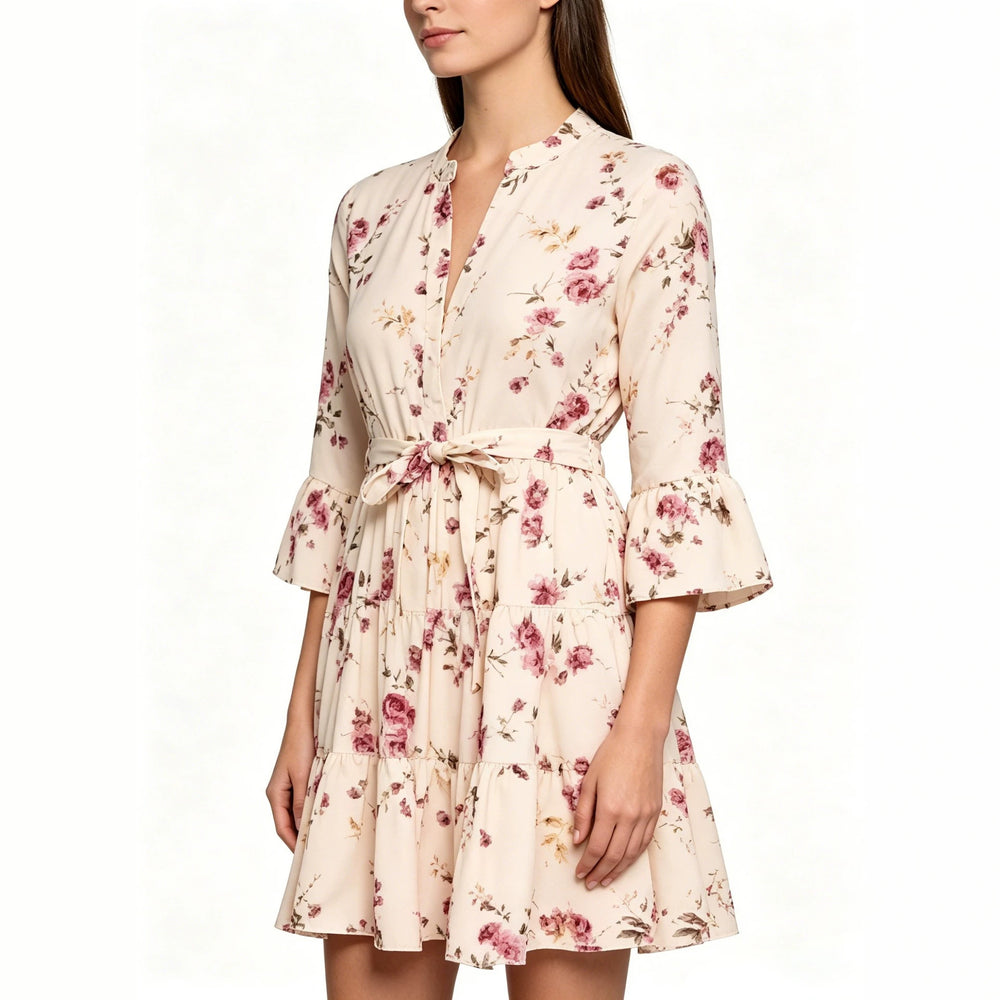 european and american new women's fashion printed three-quarter sleeve a-line pleated dress