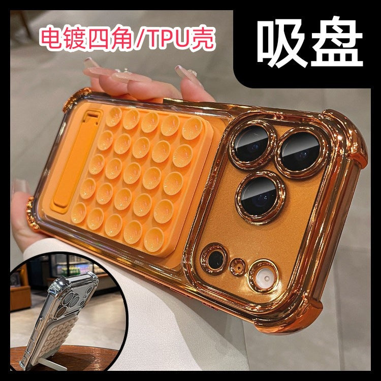 Silicone suction cup kickstand case for iphone 17 pro max, apple 15 electroplated four-corner shockproof phone case