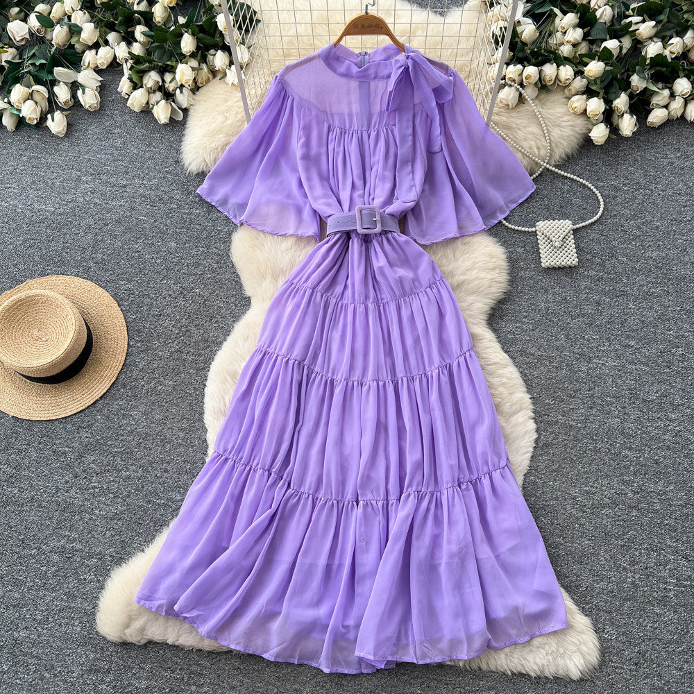 French court style lantern sleeve tiered dress - women's summer tie-waist a-line maxi dress - slimming & elegant