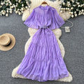 French court style lantern sleeve tiered dress - women's summer tie-waist a-line maxi dress - slimming & elegant
