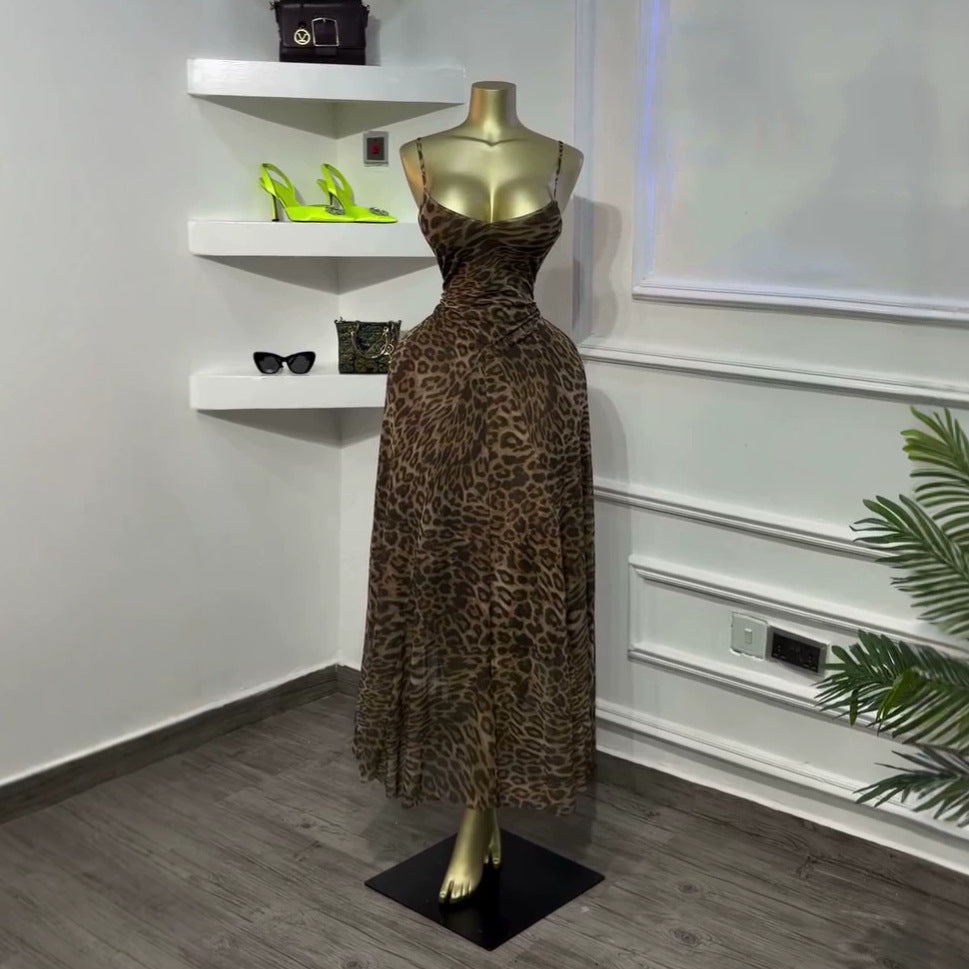 European and american cross-border women's fashion:  summer new sexy leopard print bandeau bodycon maxi slip dress