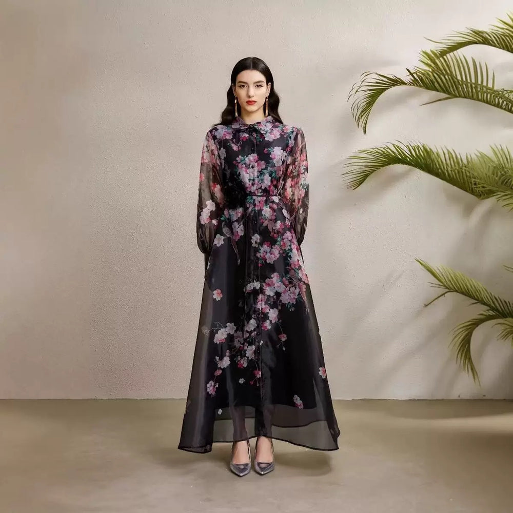 Vintage court style printed bubble sleeve dress - women's autumn tie-waist unique beautiful ethereal maxi dress