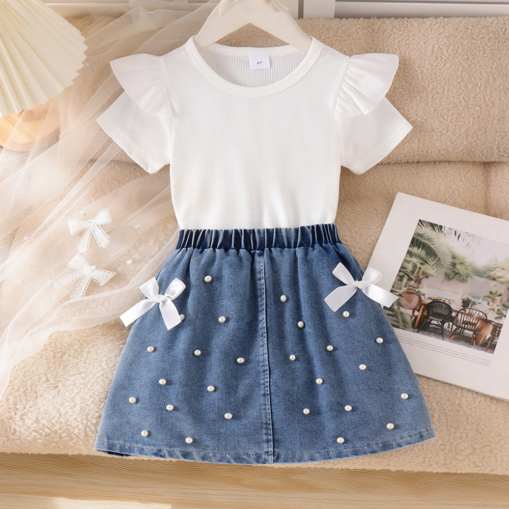 Kids clothing cross-border exclusive for european and american girls new arrival kids white short-sleeved t-shirt + blue skirt