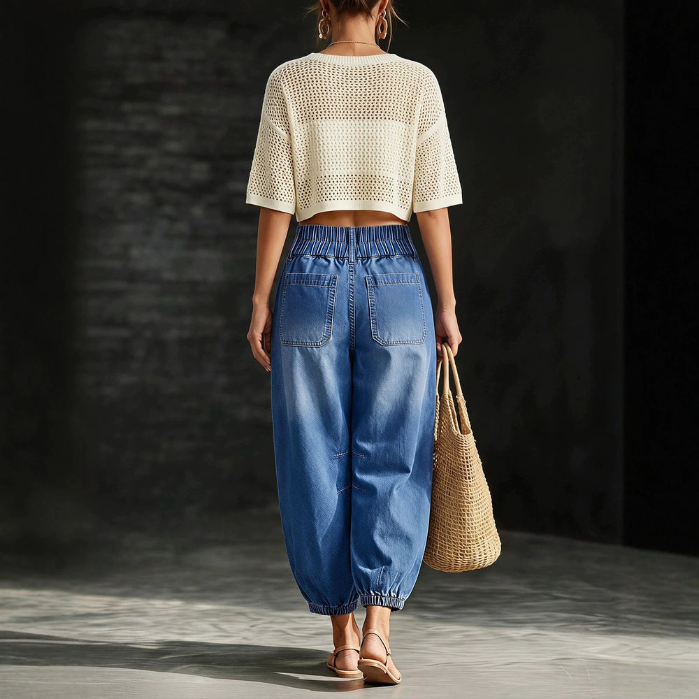Fashionjeans double-button high waist patch pocket washed distressed jogger pants bloomers exportcasualloose denim women's pants