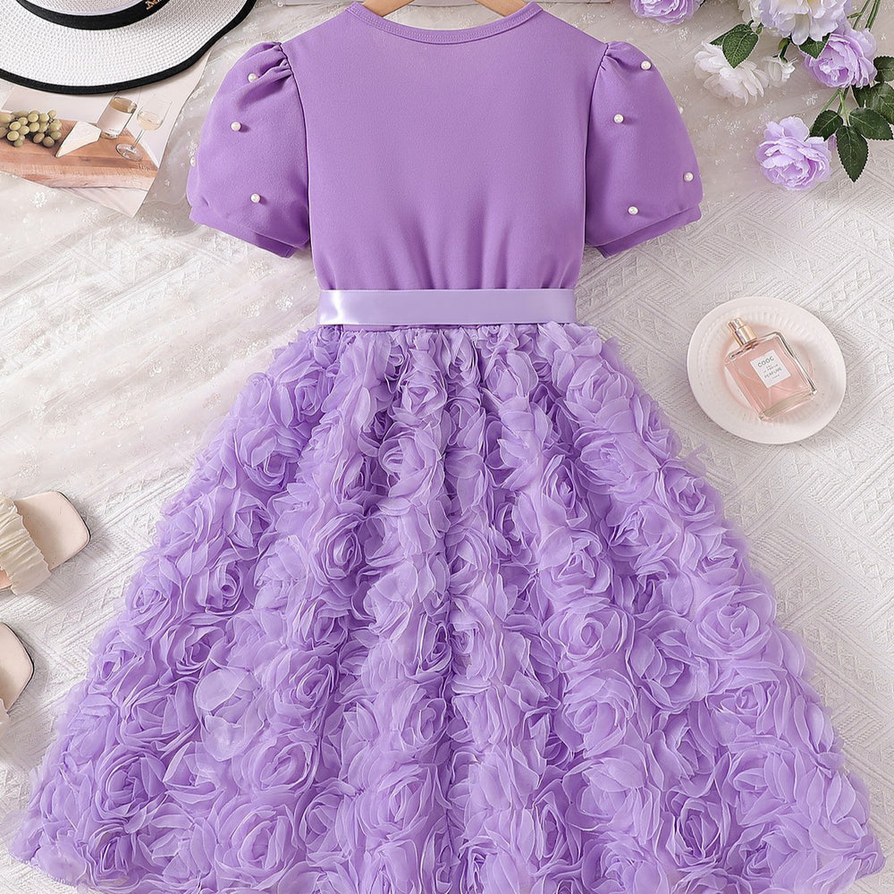 summer girls' purple pearl bubble sleeve princess dress with bow and 3d rose detail - trendy formal dress