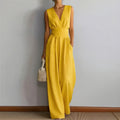 summer new women's clothing - cross-border  us & europe - fashionable casual solid color cinched waist sleeveless jumpsuit