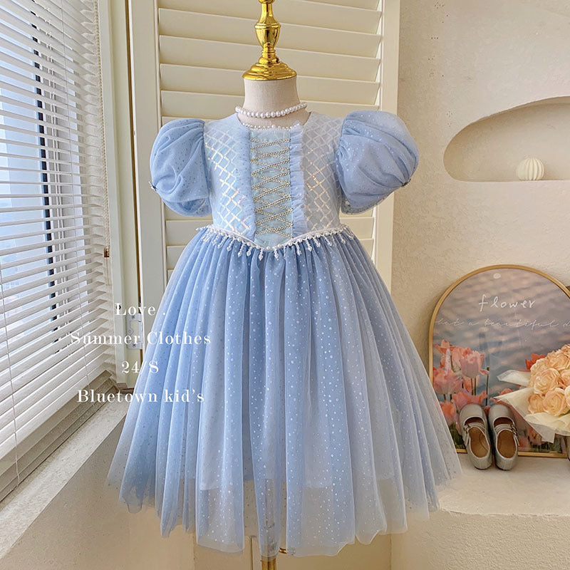 Girls' sleeveless summer dress  spring new arrival princess dress mesh off-shoulder sleeves pearl embellished skirt trendy