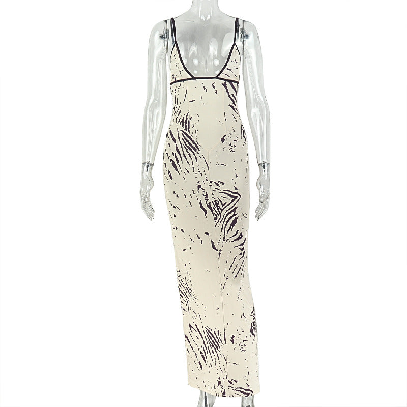 European and american style cross-border printed color block women's retro low-cut sheer bodycon mini dress with back slit - elegant and slim-fitting