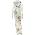 European and american style cross-border printed color block women's retro low-cut sheer bodycon mini dress with back slit - elegant and slim-fitting