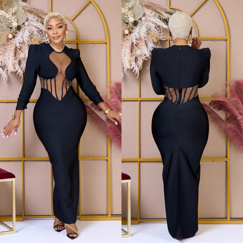 C6756 cross-border   fashion women's solid color mesh see-through long sleeve maxi dress