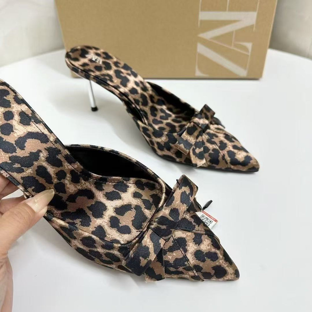 Za's 2025 new women's leopard print mules: summer outdoor wear, bow accent, pointed toe, stiletto heel, high heel mules