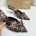 Za's 2025 new women's leopard print mules: summer outdoor wear, bow accent, pointed toe, stiletto heel, high heel mules