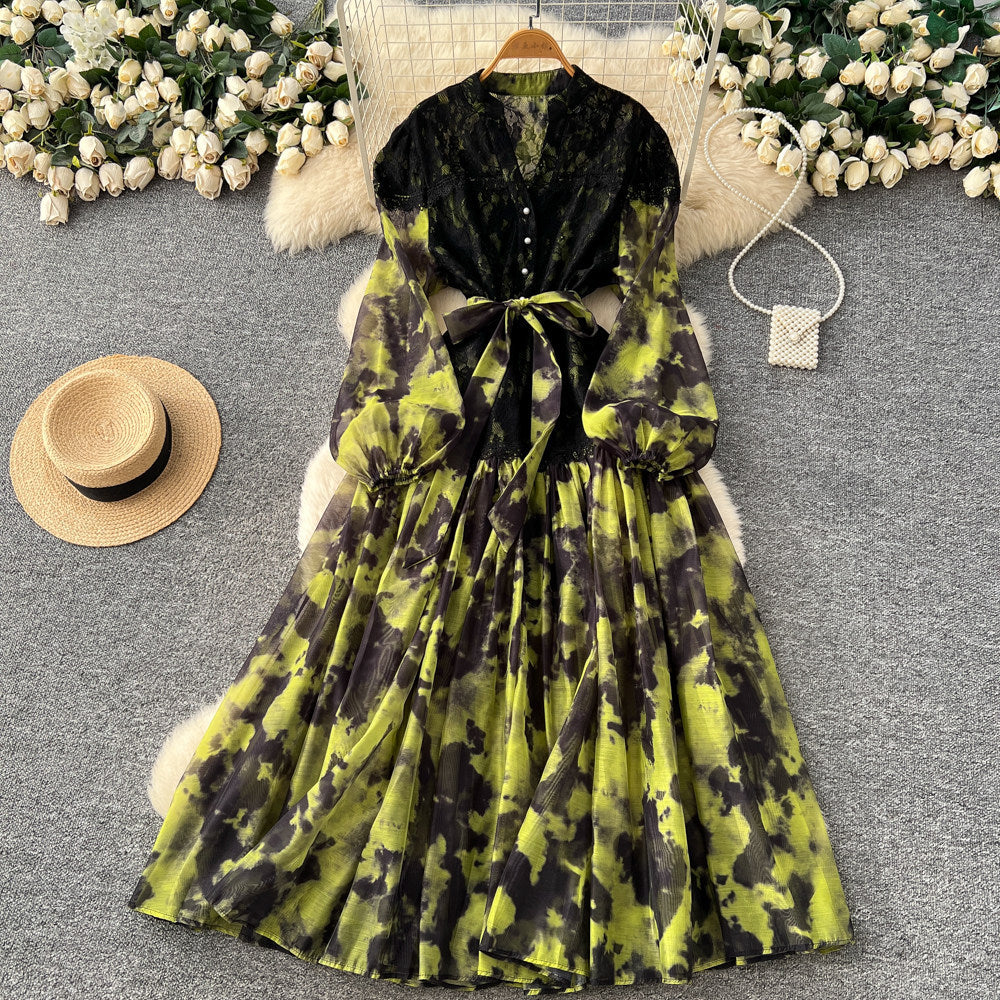 Gentle wind lacepatchworkelegantdress women's summerclassy sense of binding color matching waist printing long skirt work clothing