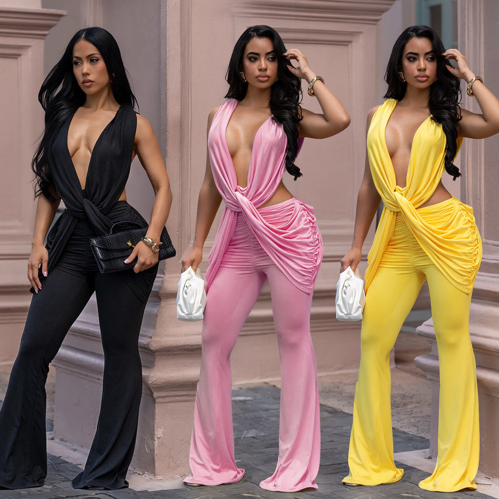 C7722 cross-border   fashion women's sexy backless solid color bodycon jumpsuit
