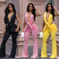 C7722 cross-border   fashion women's sexy backless solid color bodycon jumpsuit
