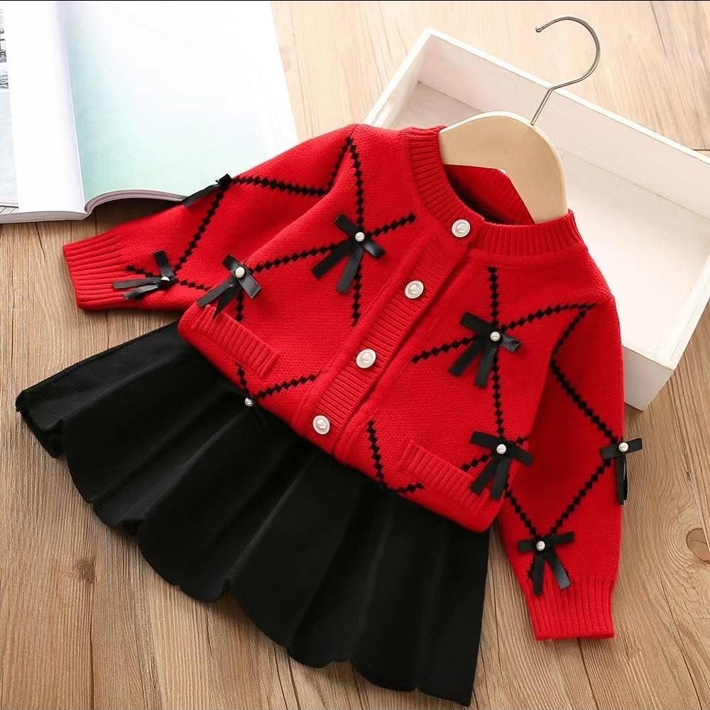 Girls' knitted sweater set, kids' two-piece outfit,  new style baby girl bowknot cardigan set, ages 1-8
