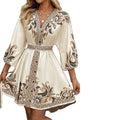 fashionexport women's summernew arrivalprintingv neckthree-quarter sleevestie back waist dress