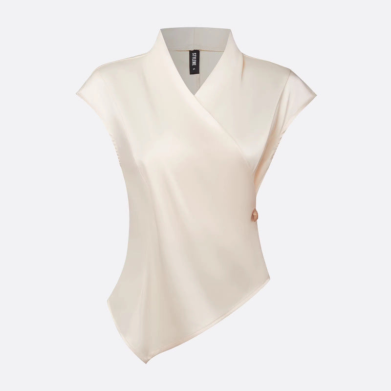 Amazon european fashion elegant satin solid color button v-neck shirt women's summer new short sleeve top