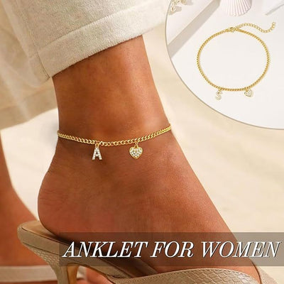 2025 new fashionable light luxury gold 26 letter alphabet gemstone heart anklet