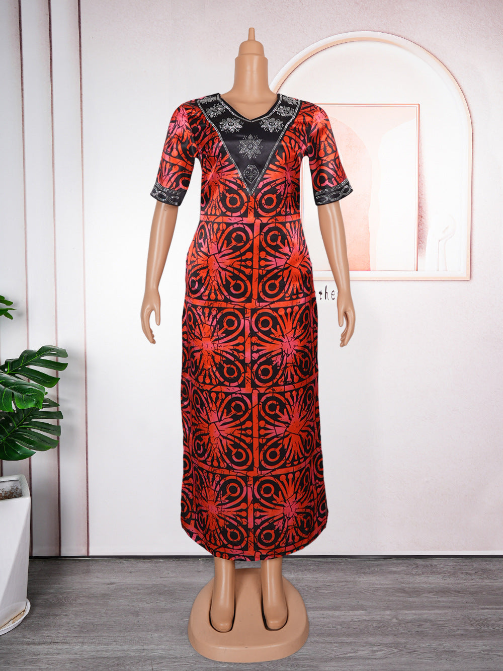 New plus-size african women's loose robe - cross-border   plus-size v-neck printed dress