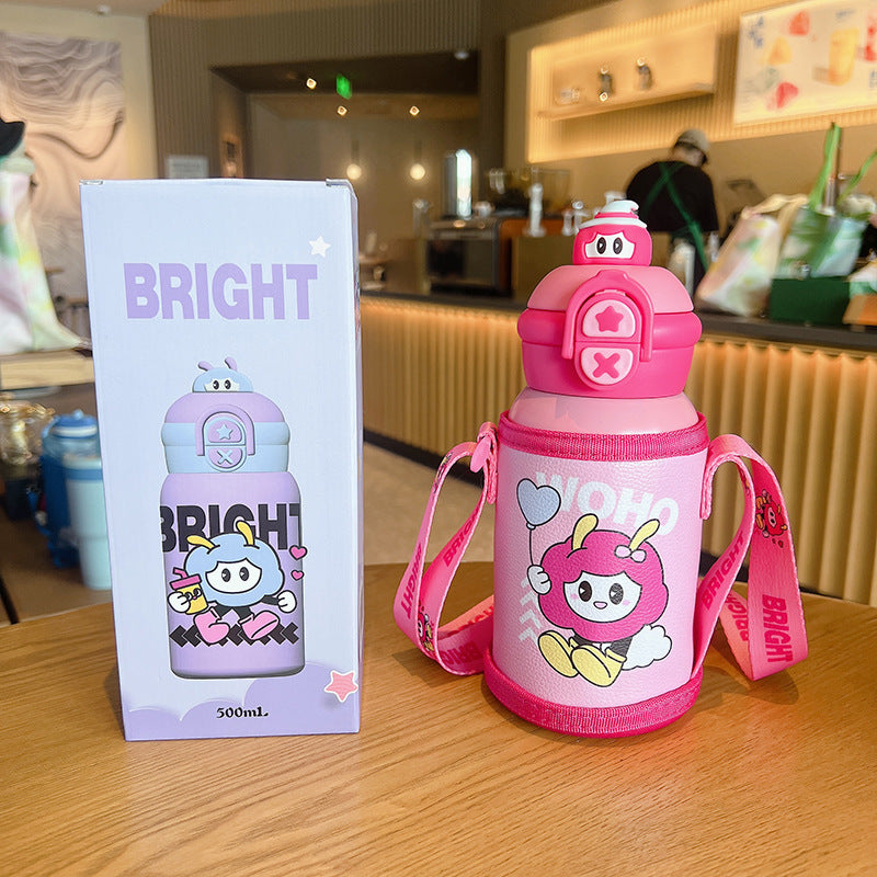 New cartoon character double-drink kids' thermos cup, 316 stainless steel food-grade water bottle with sleeve and straw