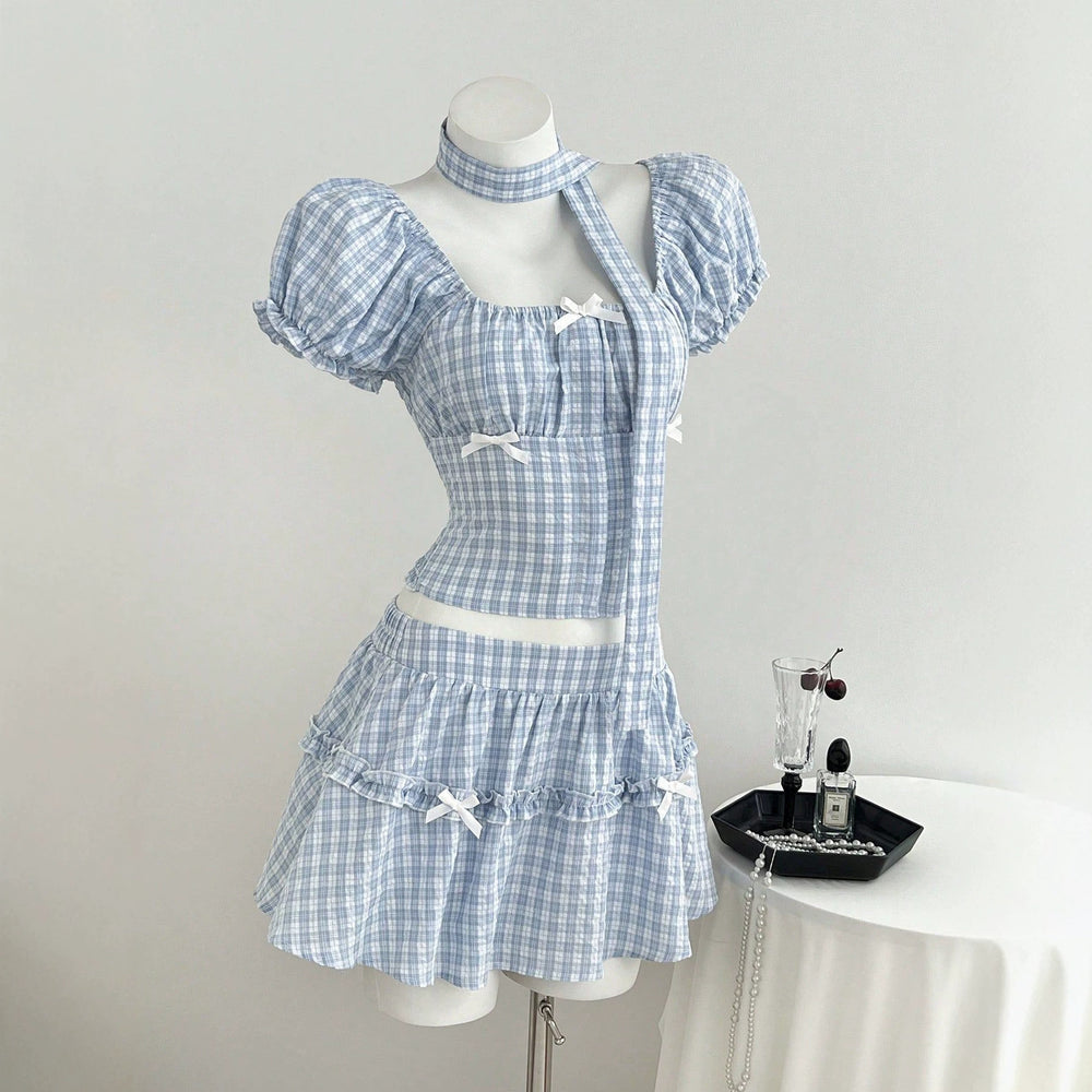In-stock - 95333#  cross-border summer women's plaid puff sleeve blouse & a-line skirt two-piece set