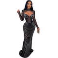 C6170 cross-border   fashion women's solid color hotfix rhinestone mesh long sleeve v-neck dress