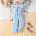 girl's suspender one-shoulder jumpsuit lace flower collar bows belt sky blue kids pants suit