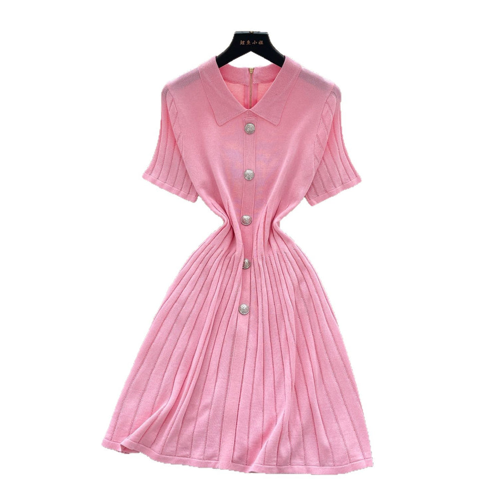 French retro polo collar short sleeve metallic button waist slimming knitted dress - women's summer chic & age-defying mini dress