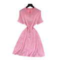 French retro polo collar short sleeve metallic button waist slimming knitted dress - women's summer chic & age-defying mini dress