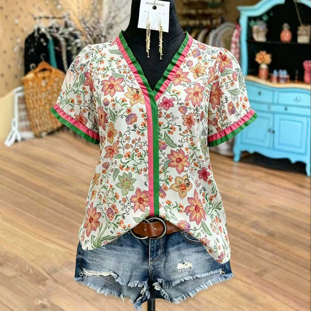 fashion  summer new arrivalcontrast color fungus v neckfloralsprintingtopscasual short sleeve shirt