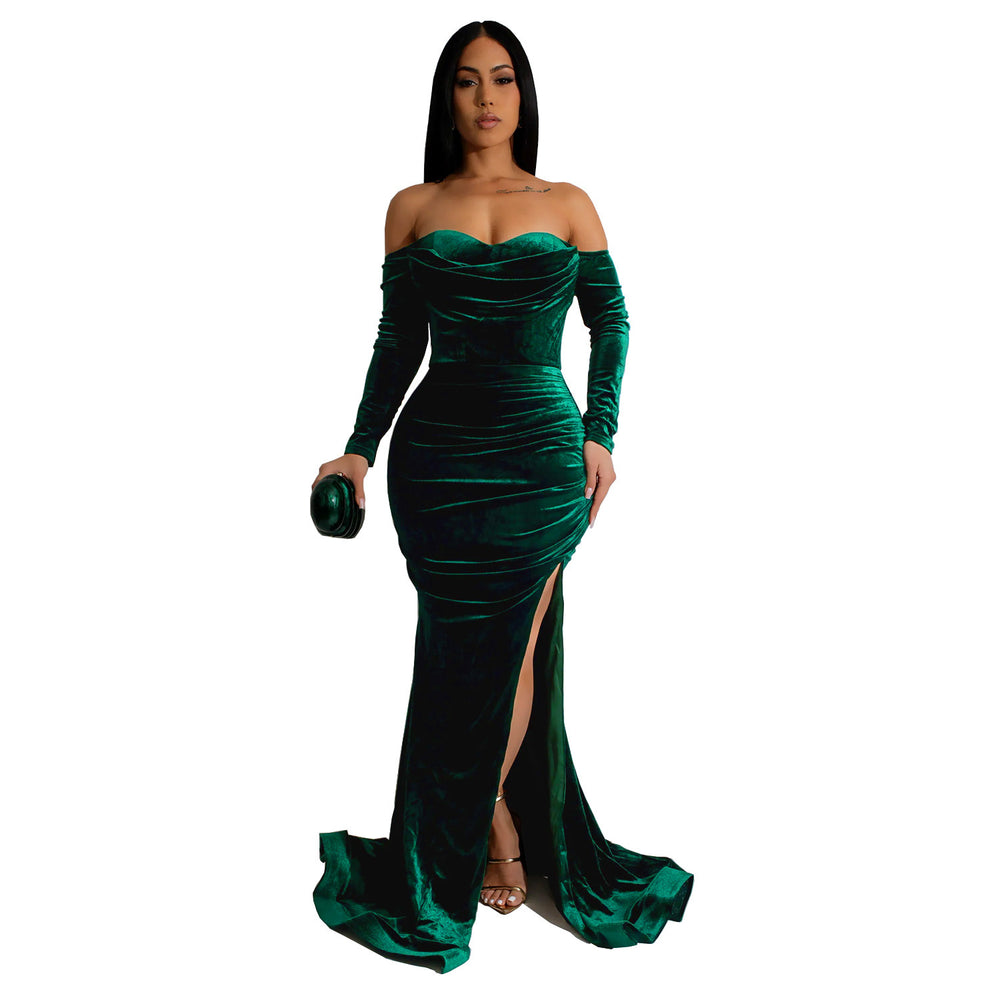 C7157 cross-border   fashion women's solid color slit evening dress low-cut dress new
