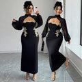 Exportaccessible luxury styleplus size dress skirt mesh long sleeves hollow out chest gold thread embroider waist slimming look fishtail style