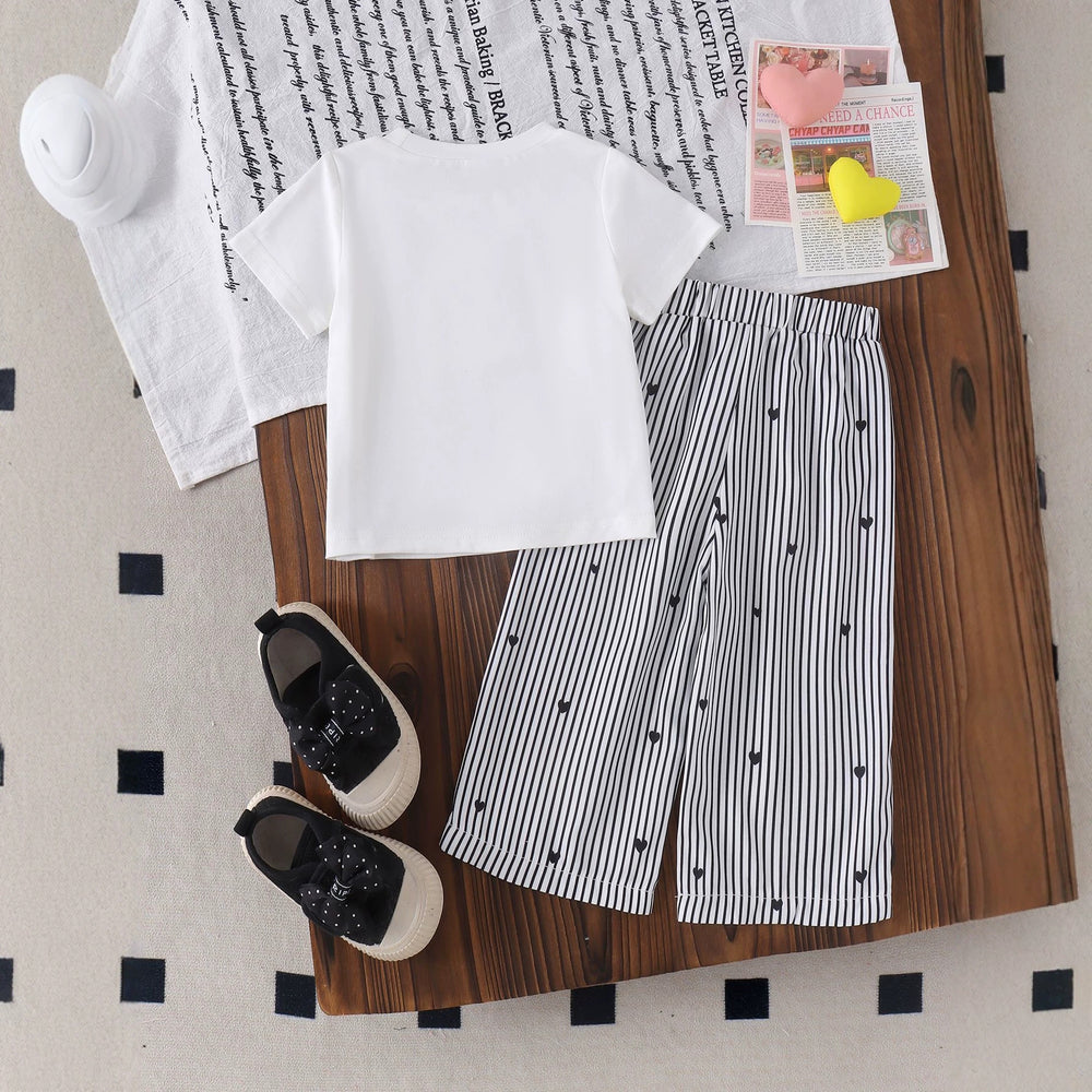 Baby girl heart print short sleeve two-piece set: solid color heart tee & vertical stripe heart wide-leg pants - casual summer outfit
