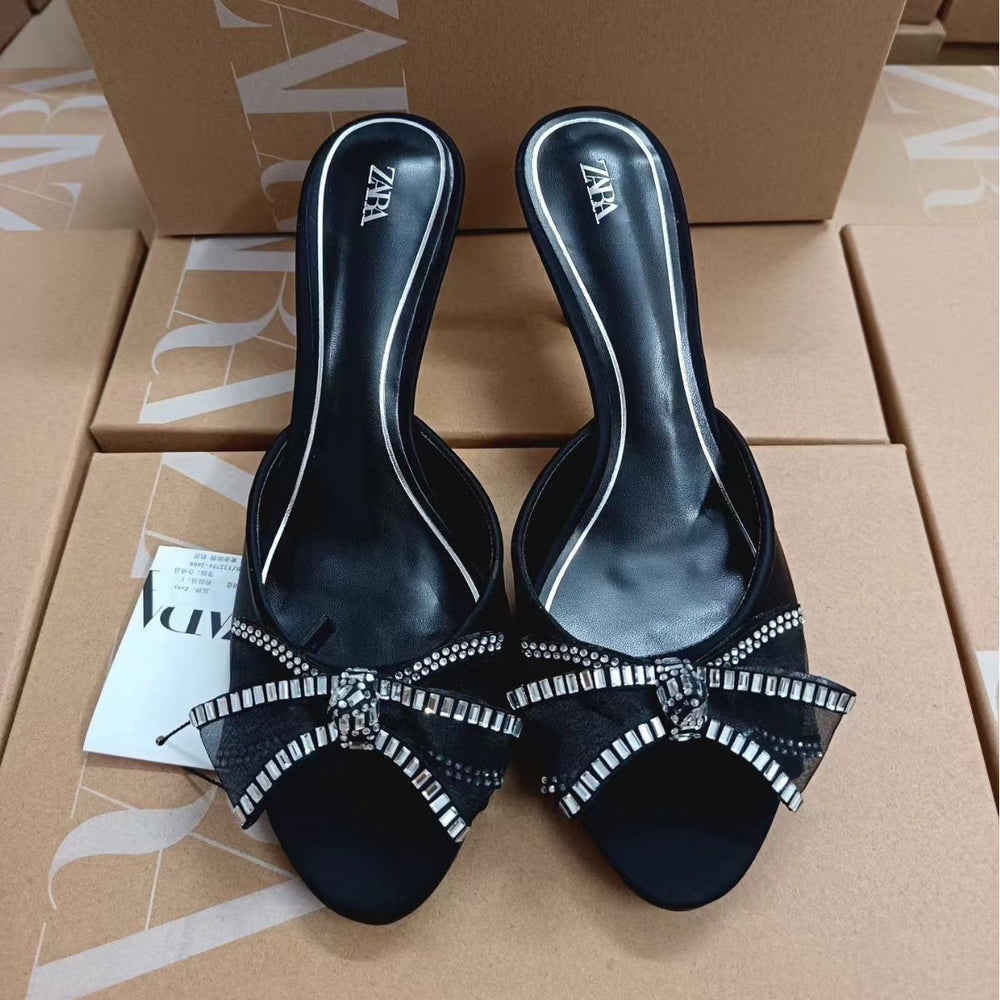 Za2024 summer new rhinestone bowknot embellished european and american style high heel women's sandals for everyday wear