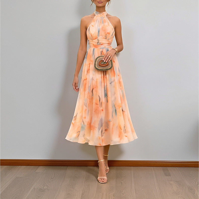 women's summer new arrivals: european and american cross-border fashion - elegant printed halter neck, cinched waist, backless dress