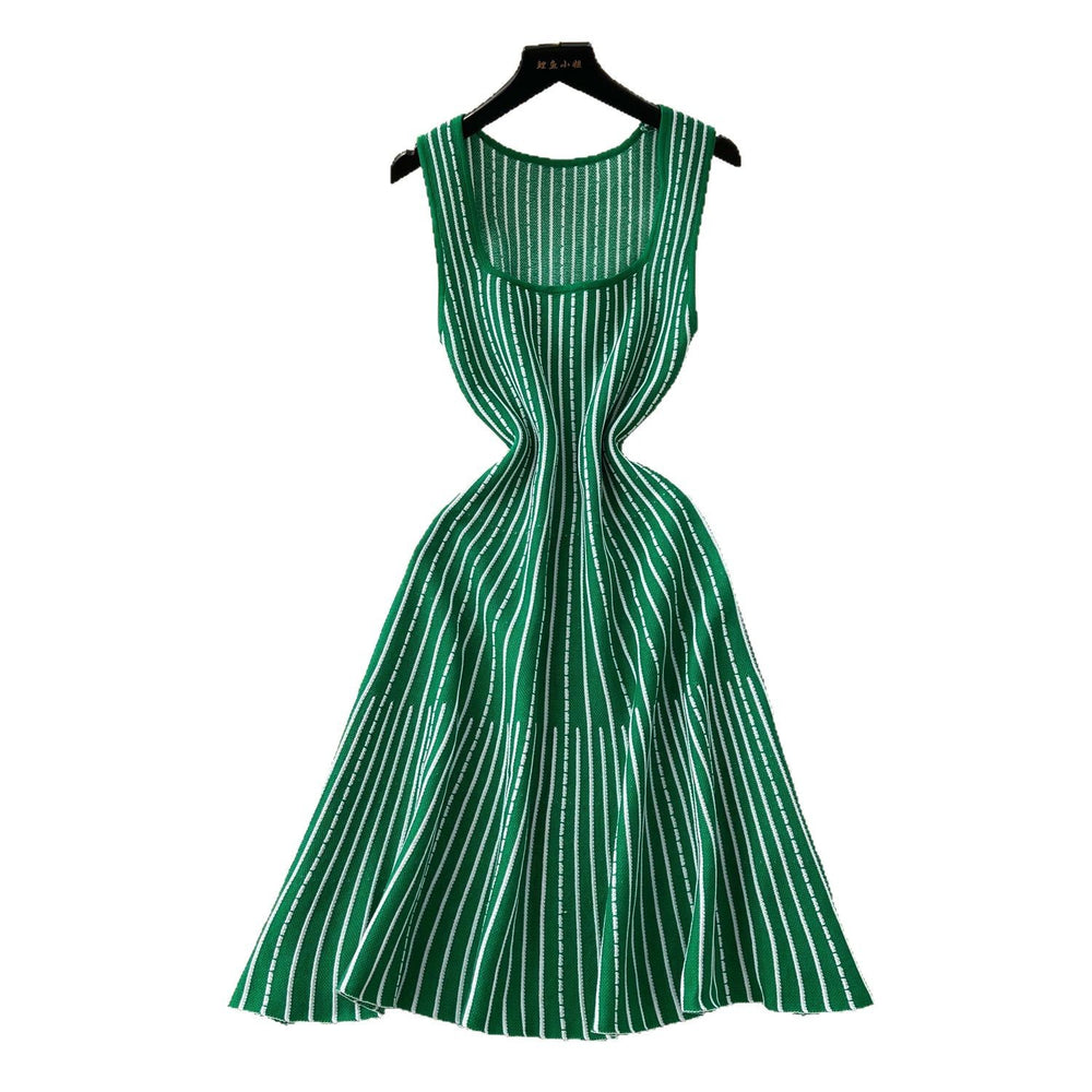 Classysense niche style square neck sleeveless stripesknittingdress women's summer waist slimming looka-line sweater vest dress