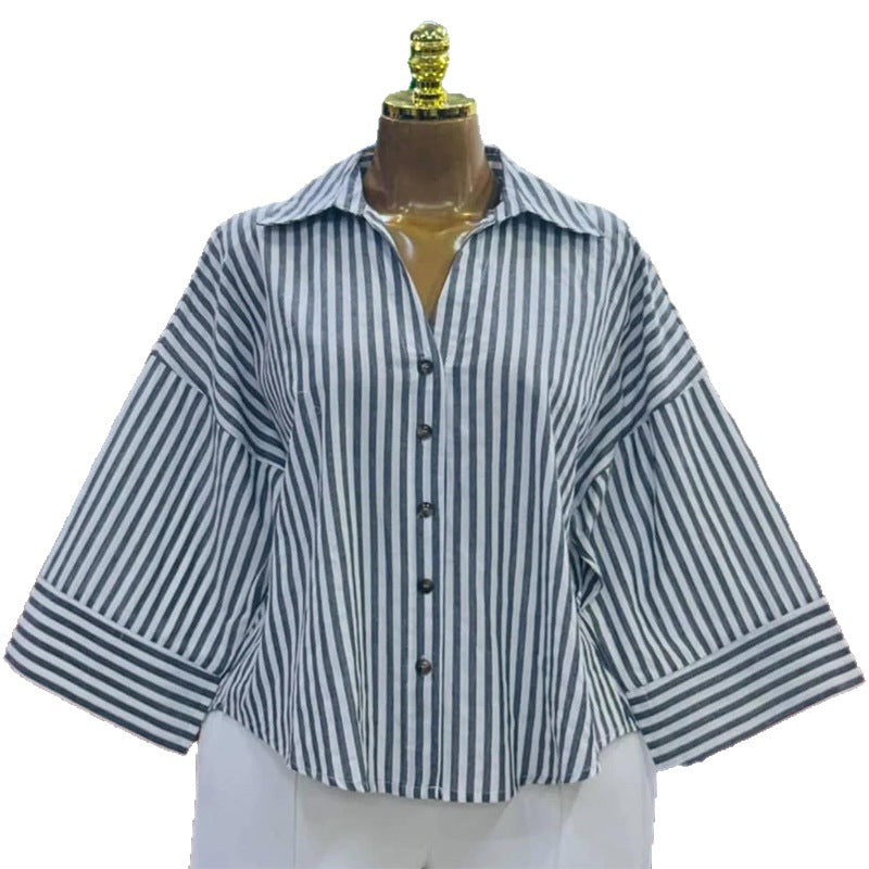 European and american cross-border women's fashion:  spring new arrivals - stylish, designer-inspired, unique turn-down collar, loose-fit striped blouse