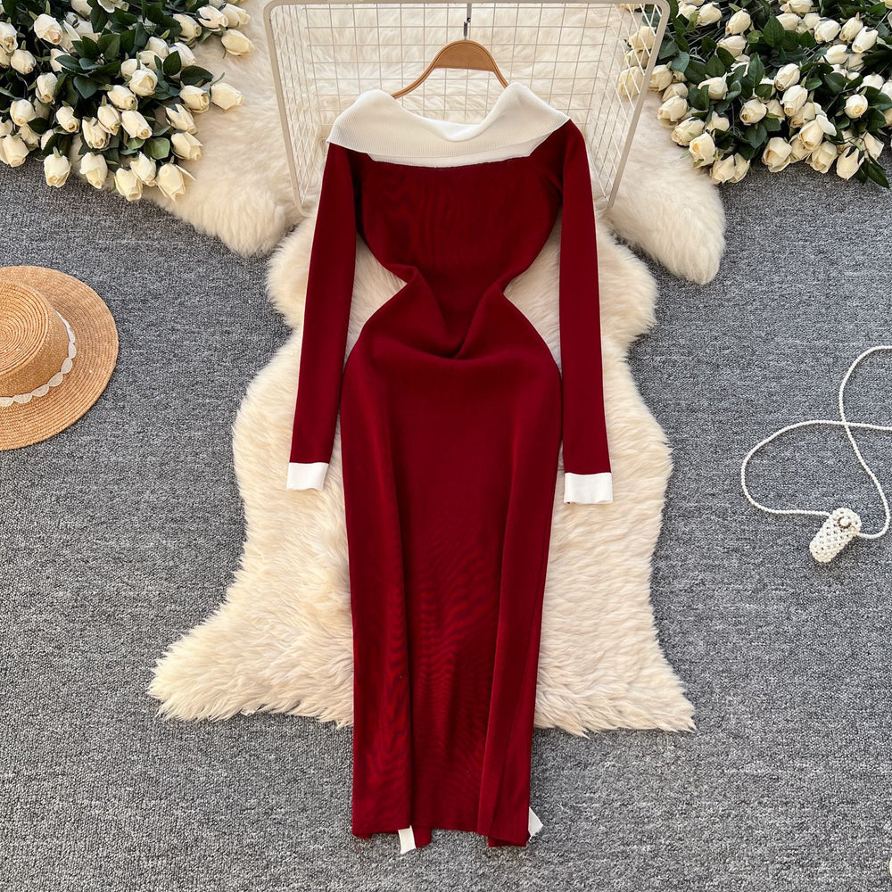 Autumn/winter elegant color block off-the-shoulder long sleeve single-breasted waist-defining knit dress - women's french style sweater dress