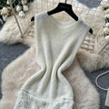 Korean style sleeveless knitted fuzzy dress - women's summer high-waisted slimming a-line dress for work and casual wear