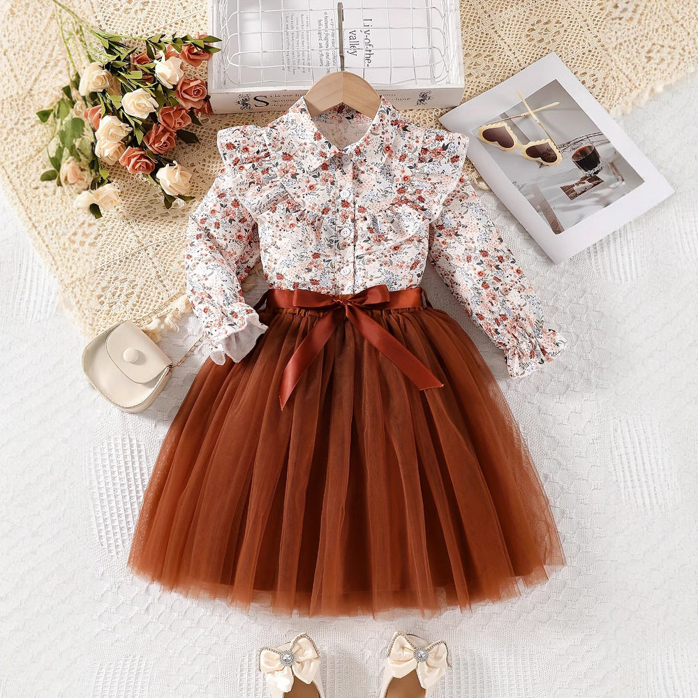 girl two-piece set pastoral small floral bows belt ruffles neckline cute kids gauze skirt