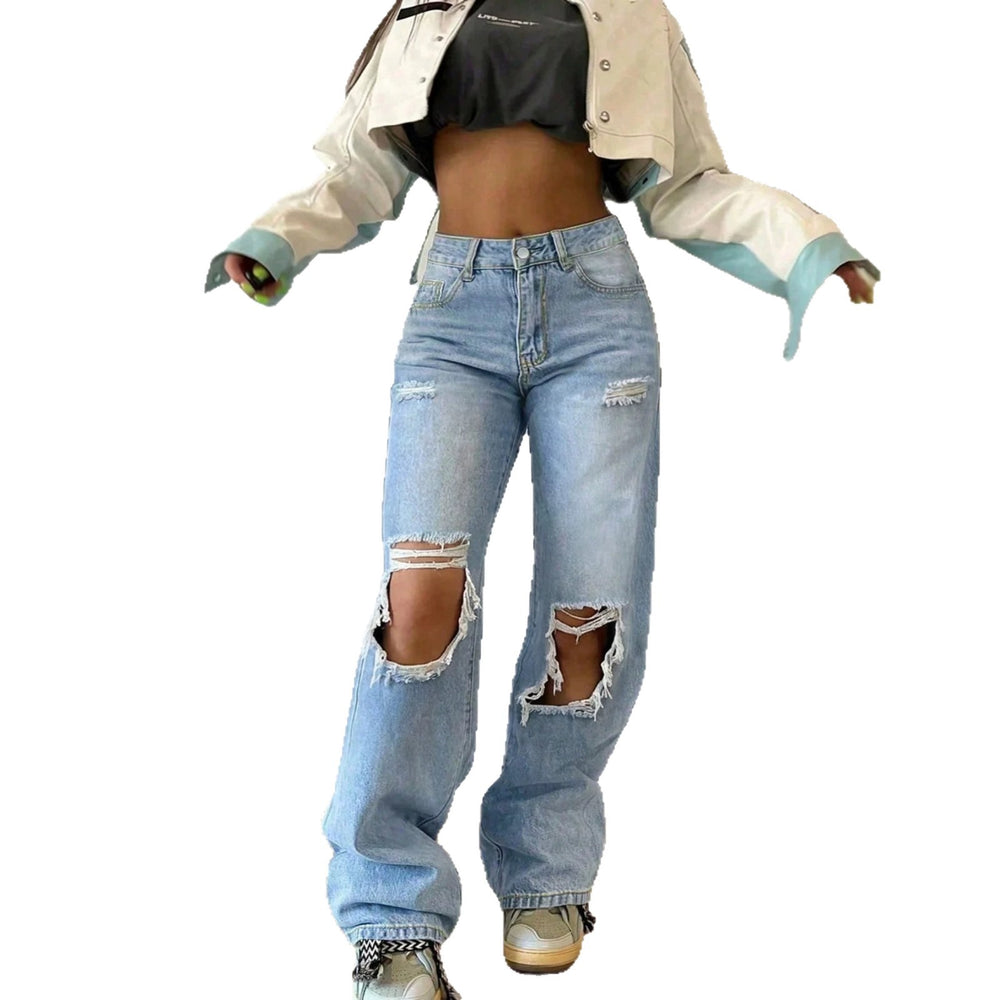 Fashionjeans women's ripped high waist wide leg mop pants american retro washed loosestraight-leg beggar pants