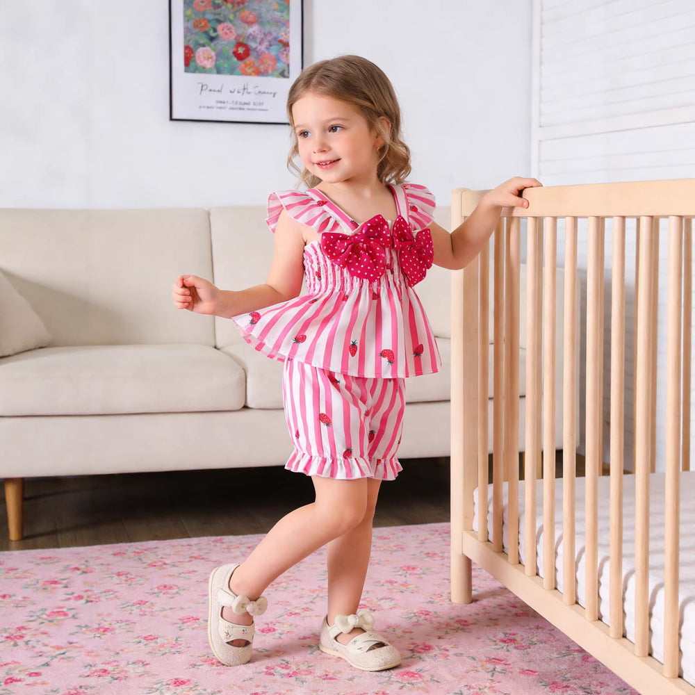 Baby cute style summer outfit: double-layer flutter sleeve top with double bows & elastic waist strawberry shorts set for toddlers