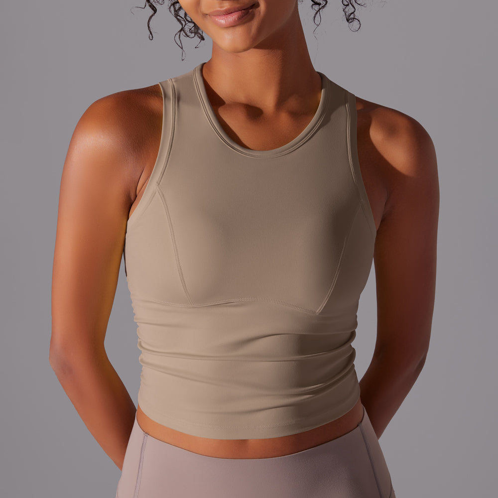New double-sided nylon solid color slim-fit tummy control crew neck sports tank top running fitness yoga long sleeve top for women