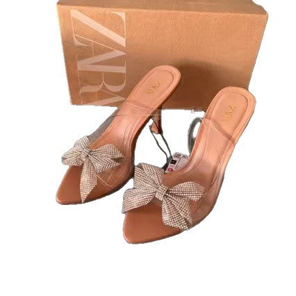 2024 new export square toe stiletto heel sandals with bow and rhinestone detail, plus size, open back, wholesale for women (wish)