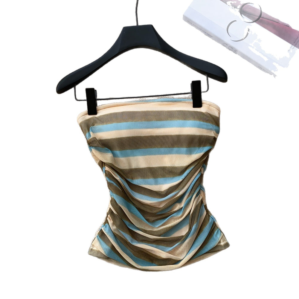 Sexystripeswork clothing style tube top women's summer pleated waist slim slimming lookshorttopshot girl style