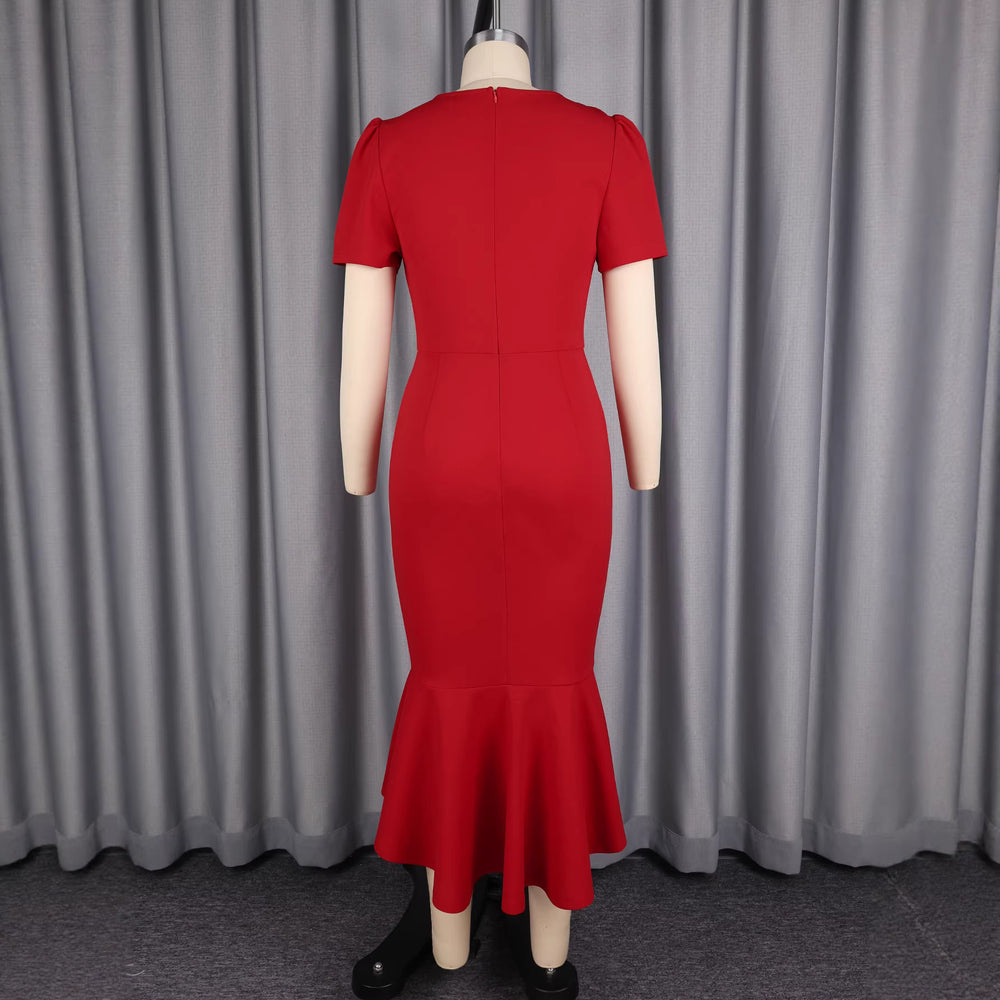 new arrival slimming high-waisted short-sleeve dress - solid color crew neck red 3d floral mermaid dress