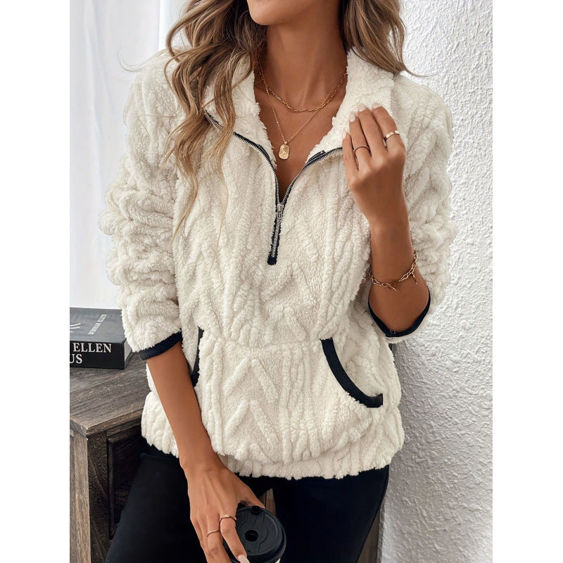 Spot  wish  supply 2025 autumn and winter fashion short contrasting color half-open neck plush women's sweater